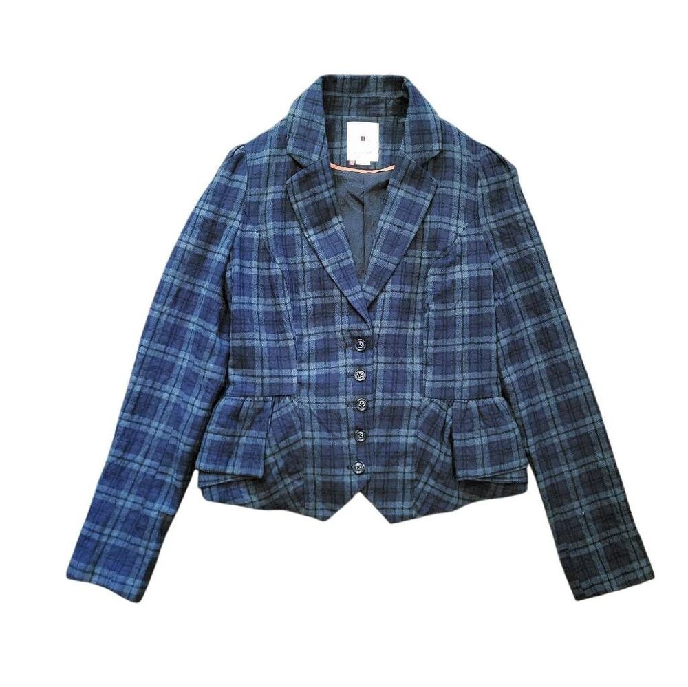 Anthropologie Blazer Jacket Women's 6 Green Blue Plaid Flannel Wool Peplum Boho